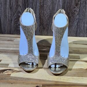 David's Bridal Heels Gold Silver Glitter Peep Toe Zip Back Formal Wedding Size 9